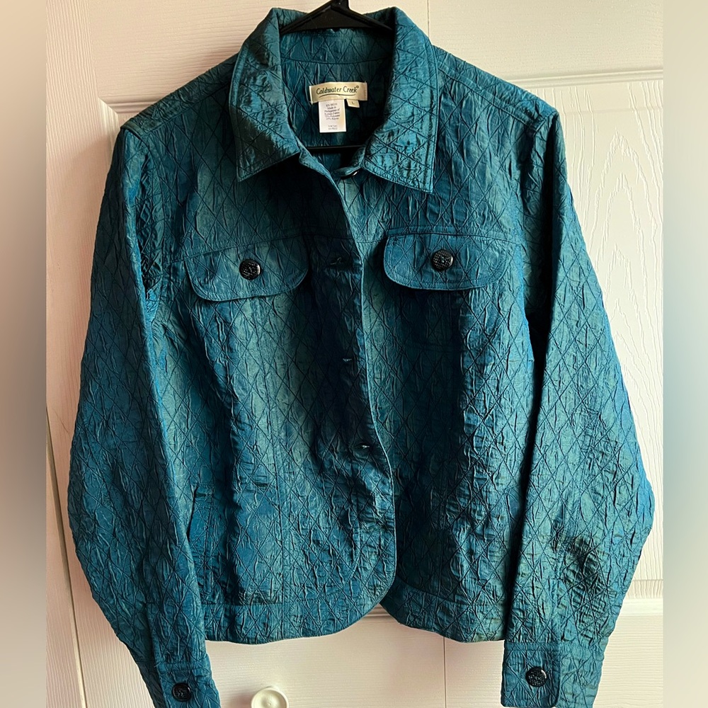 Coldwater Creek Womens Jacket Iridescent Teal Button Front Lightweight Sz L